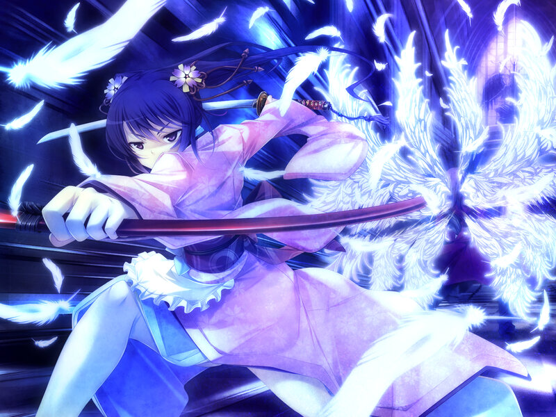 anime girl with sword and feathers