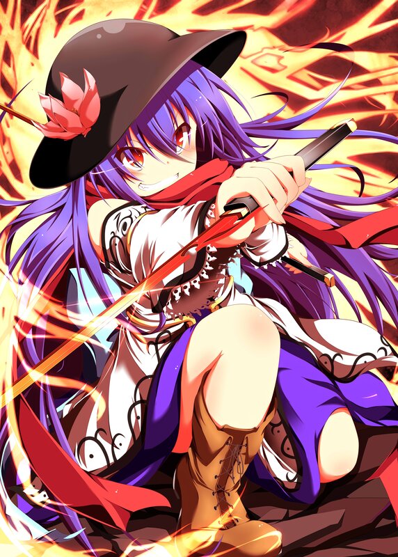 anime girl with sword and flames
