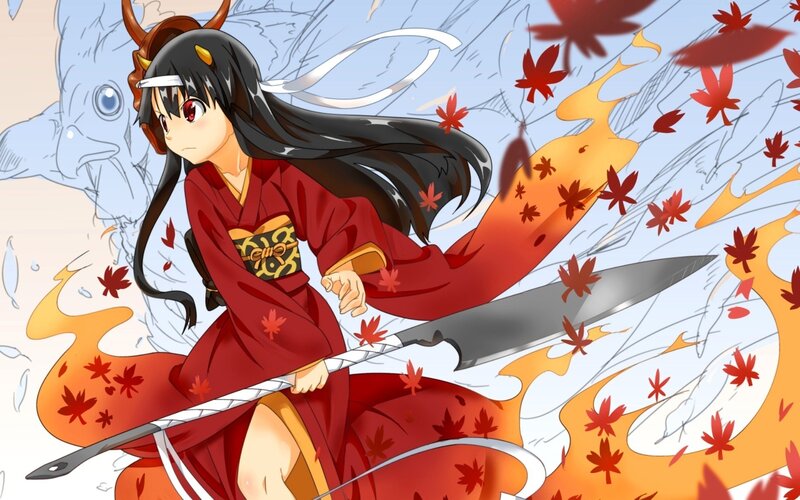 anime girl with sword and flames