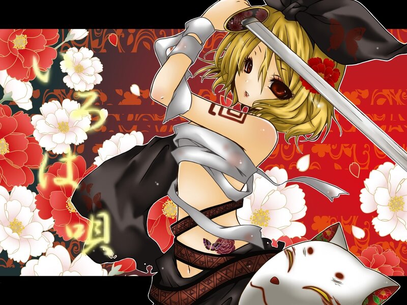 anime girl with sword and flowers