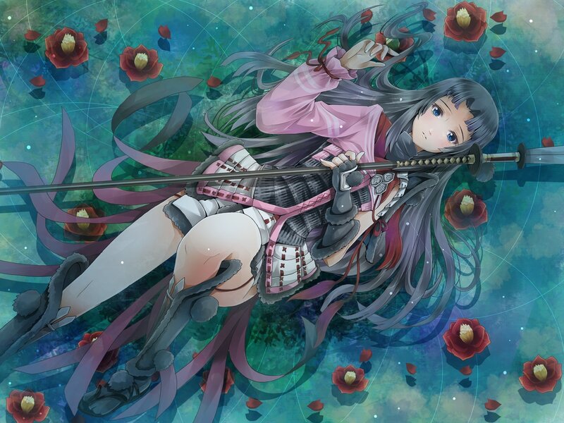 anime girl with sword and flowers
