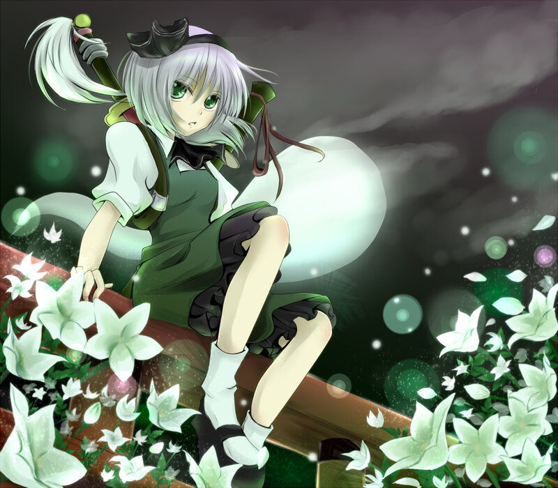 anime girl with sword and flowers