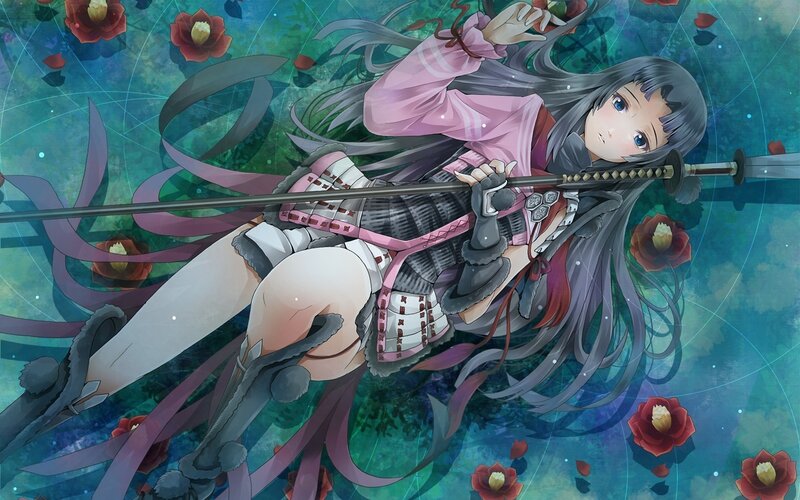 anime girl with sword and flowers