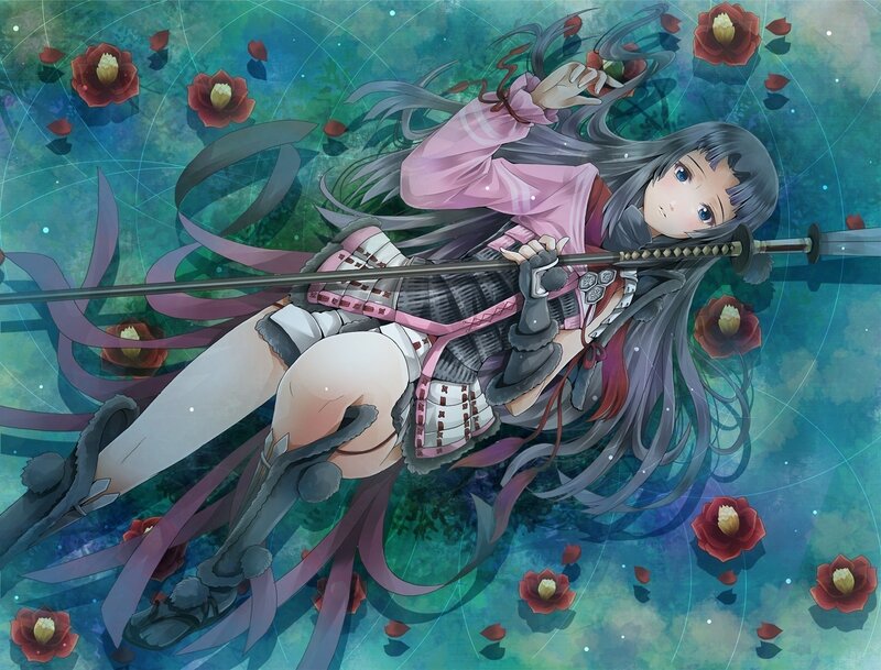 anime girl with sword and flowers