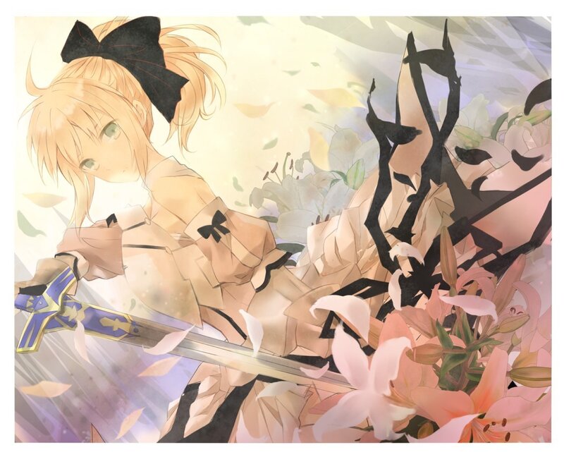 Anime girl with sword and flowers