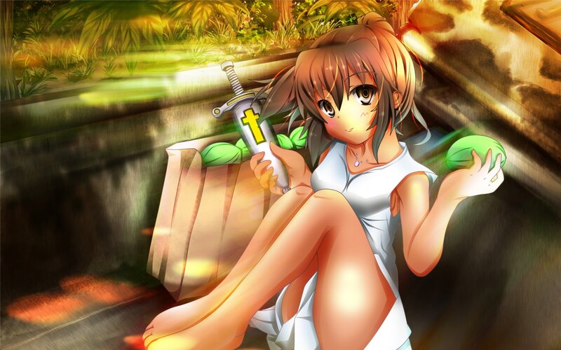 Anime girl with sword and fruit
