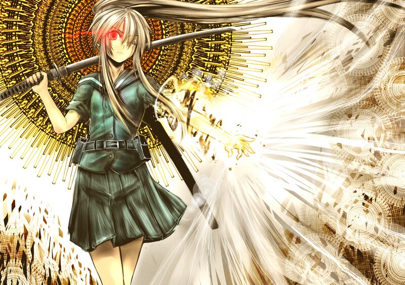 anime girl with sword and glowing eye