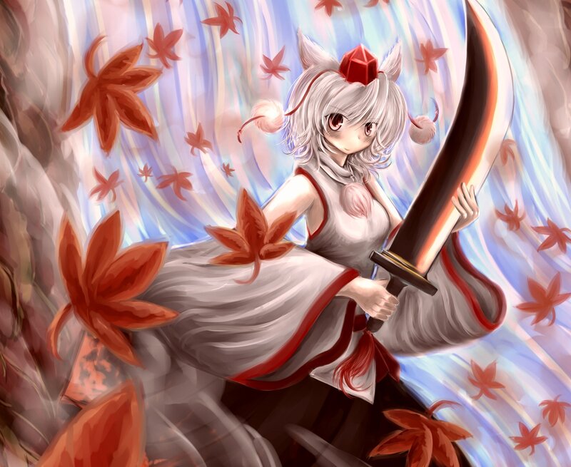 Anime girl with sword and leaves