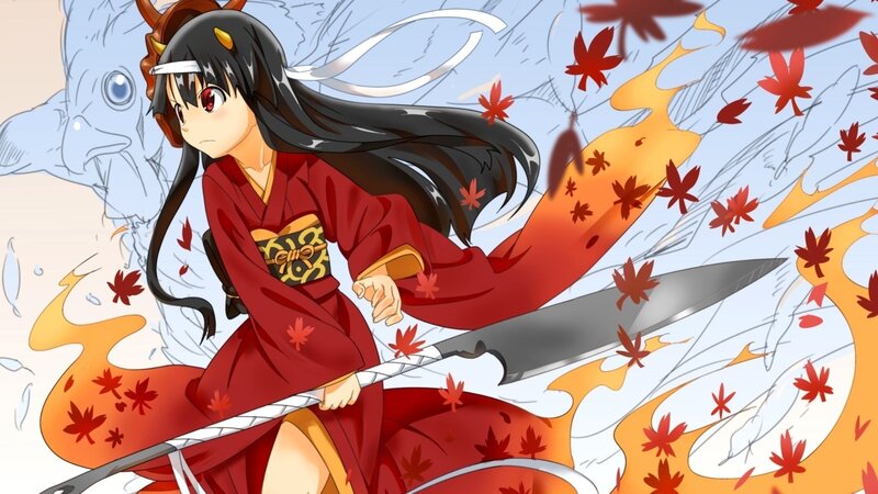 anime girl with sword and maple leaves