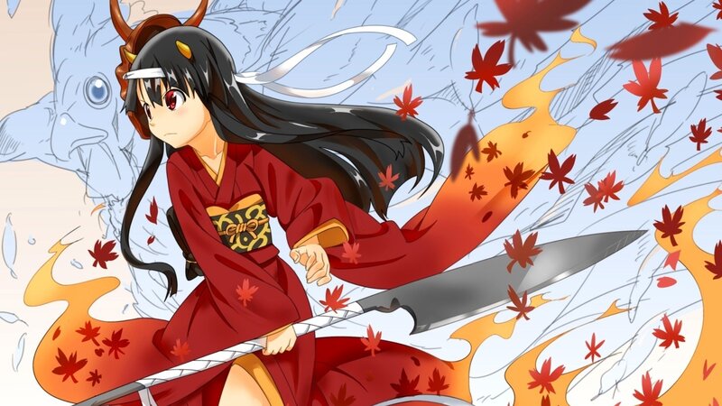 anime girl with sword and maple leaves