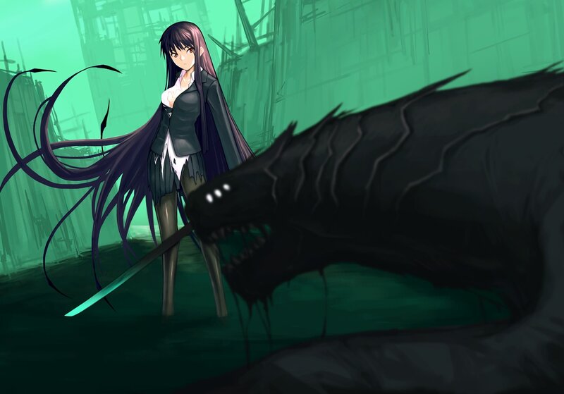 anime girl with sword and monster