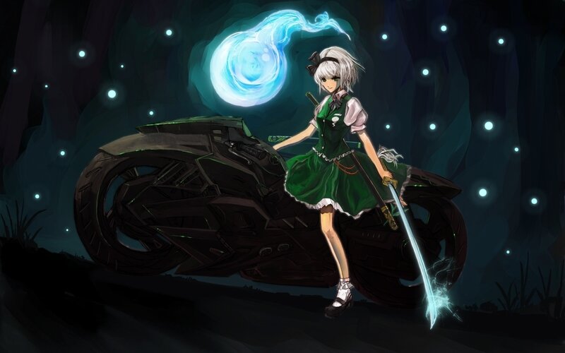 Anime girl with sword and motorcycle