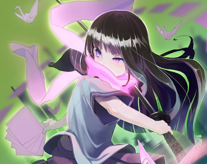 anime girl with sword and origami