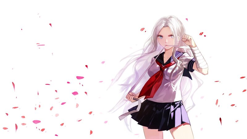 anime girl with sword and petals