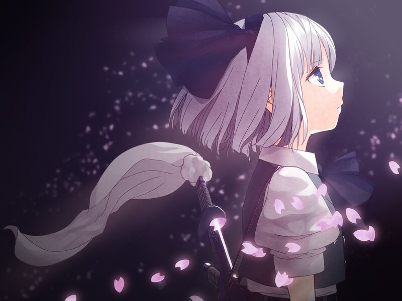 anime girl with sword and petals