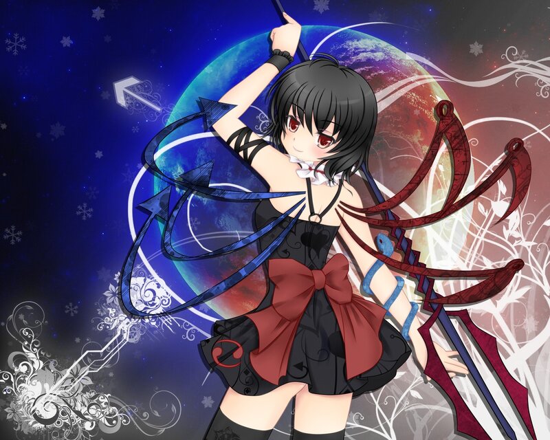 anime girl with sword and planet