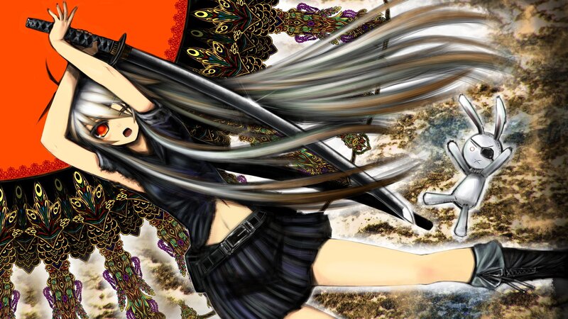 Anime girl with sword and rabbit