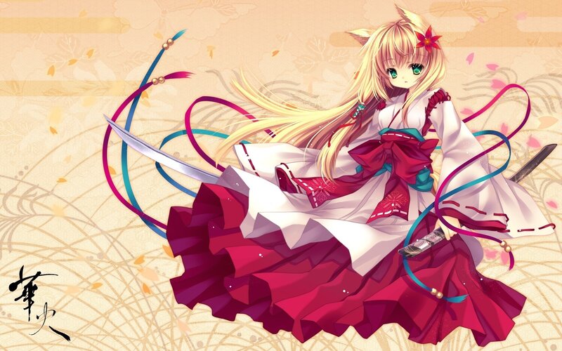 anime girl with sword and ribbons