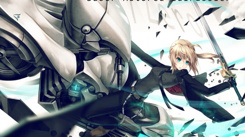 anime girl with sword and robot