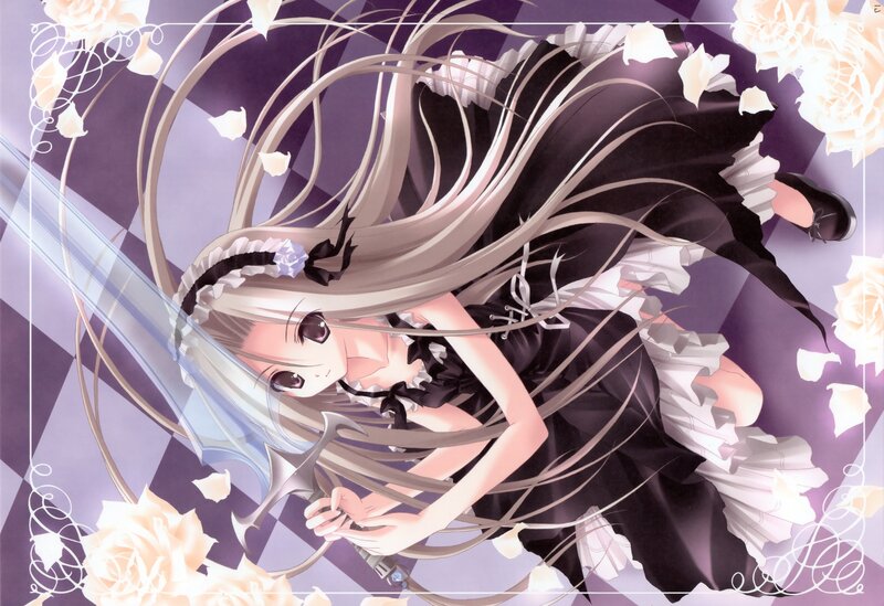 anime girl with sword and roses