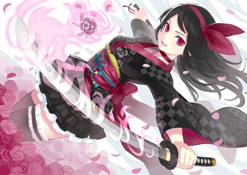anime girl with sword and roses