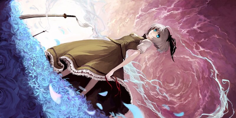 Anime girl with sword and roses
