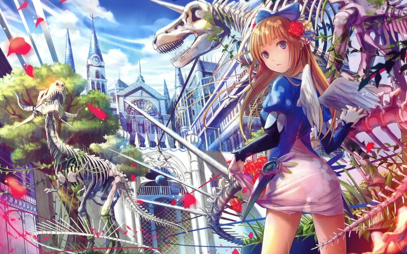 Anime girl with sword and skeletons