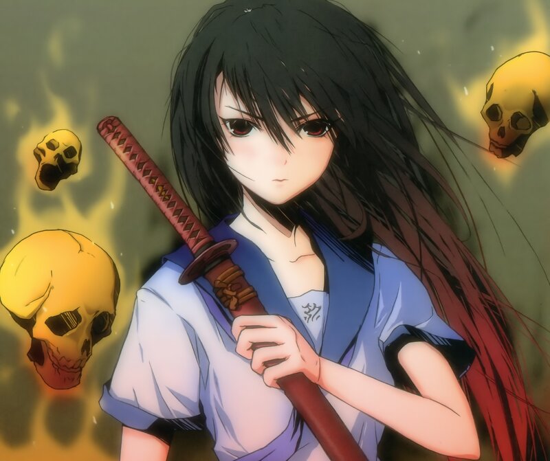 anime girl with sword and skulls