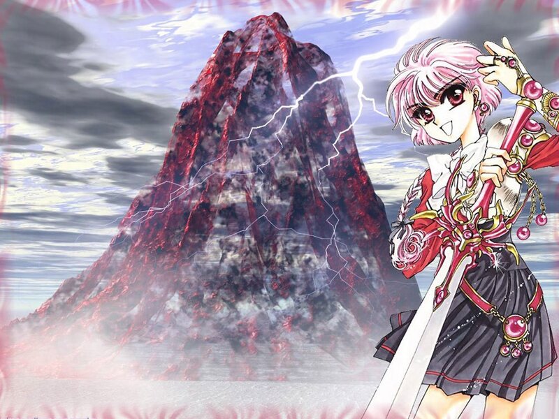 anime girl with sword and volcano