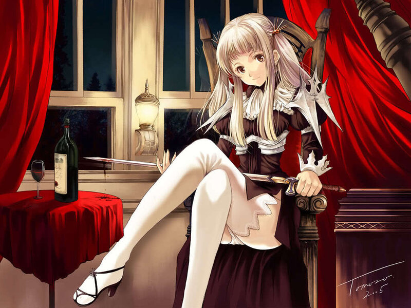 anime girl with sword and wine