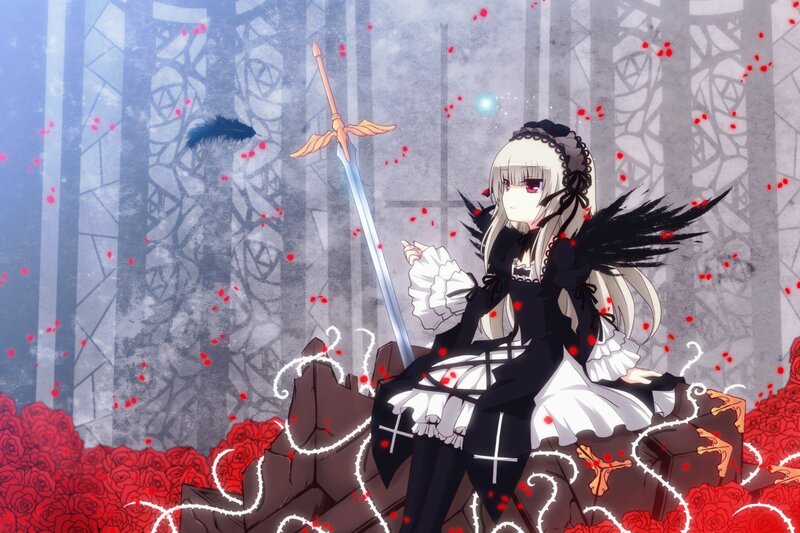 anime girl with sword and wings