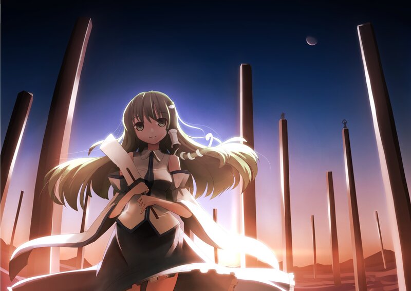 anime girl with sword at dusk
