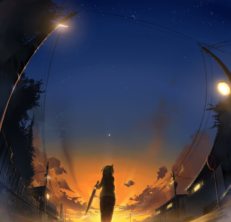 anime girl with sword at dusk