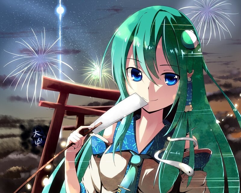 Anime girl with sword at fireworks