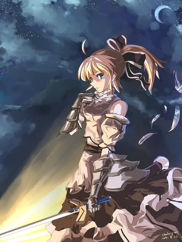 anime girl with sword at night