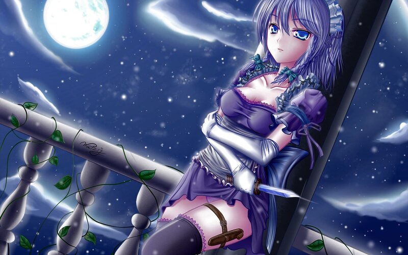 Anime girl with sword at night