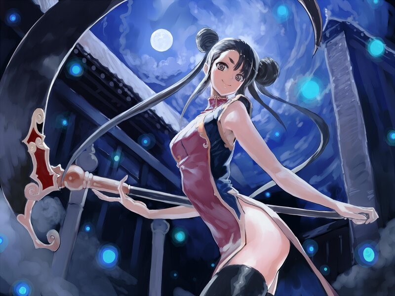 anime girl with sword at night