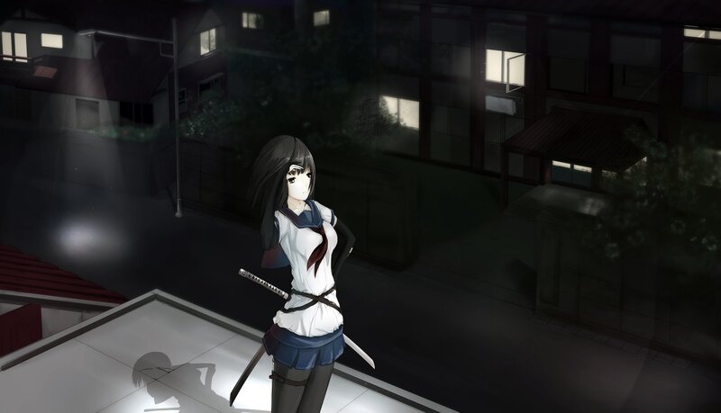anime girl with sword at night