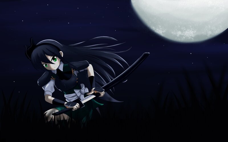 anime girl with sword at night