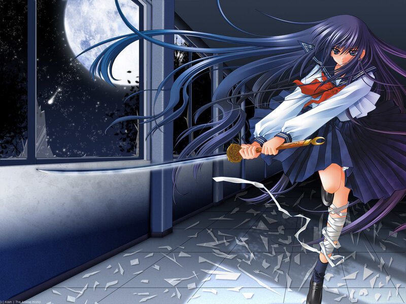 anime girl with sword at night