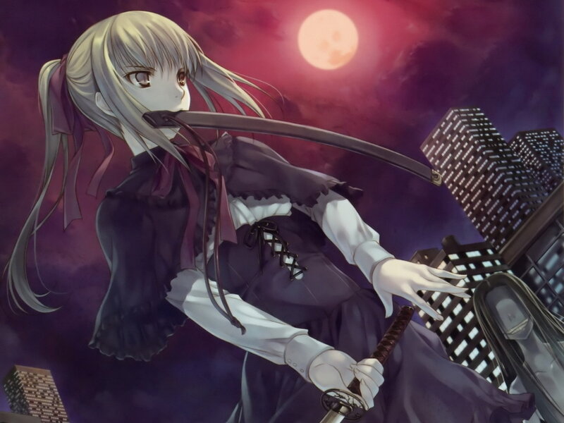 Anime girl with sword at night