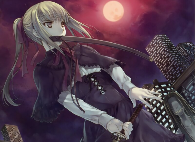 anime girl with sword at night