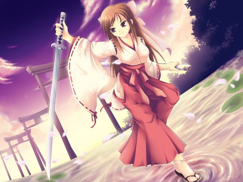 Anime girl with sword at shrine