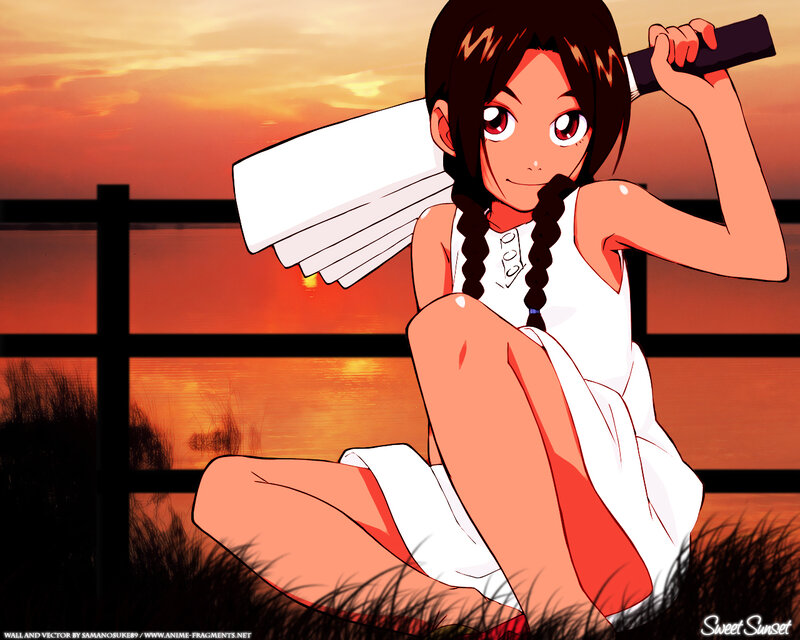Anime girl with sword at sunset