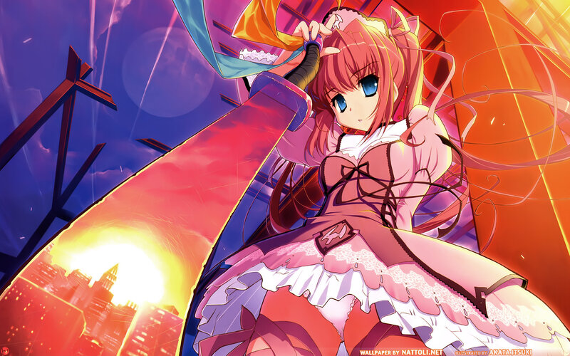 anime girl with sword at sunset