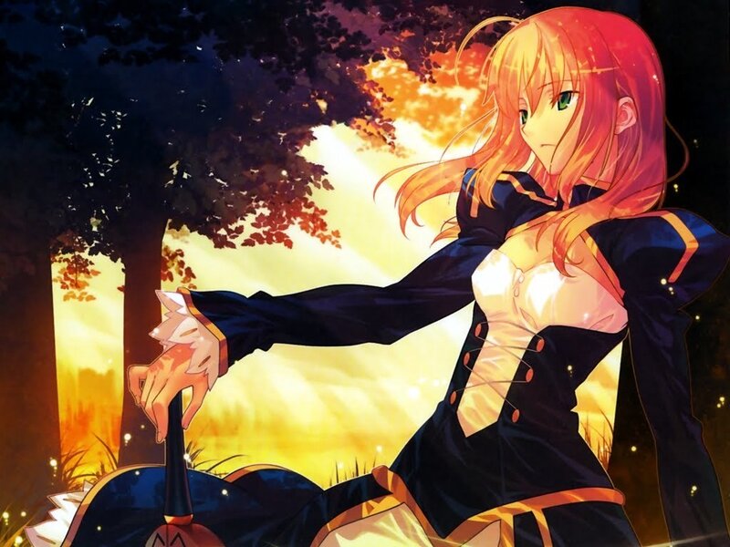 anime girl with sword at sunset