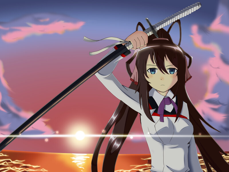 anime girl with sword at sunset
