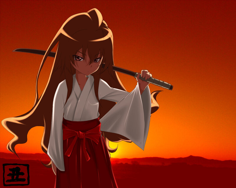 anime girl with sword at sunset