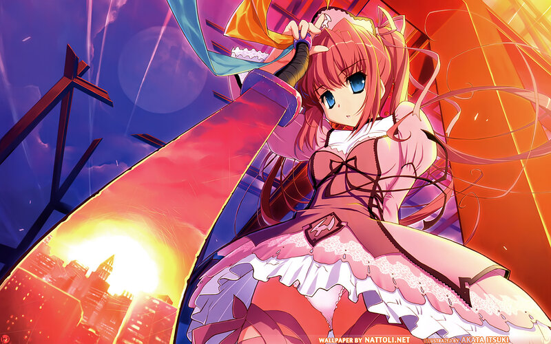 anime girl with sword at sunset