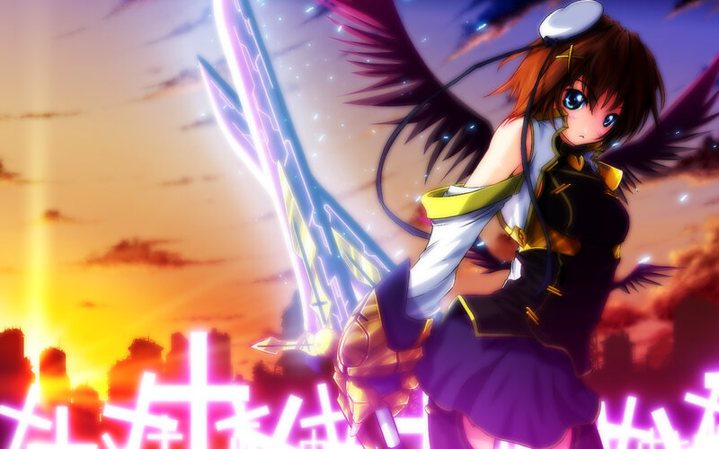 anime girl with sword at sunset